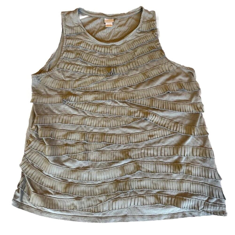Chico's Tank Top Womens XL Green Pleated Sleeveless Slim Fit Round Neck Pullover